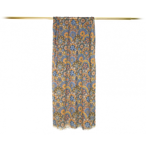 Fefè Napoli - Brown Blue Flowers Wool Dandy Scarf - Scarves and Foulards - Handmade in Italy - Luxury Exclusive Collection