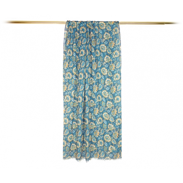 Fefè Napoli - Blue Flowers Wool Dandy Scarf - Scarves and Foulards - Handmade in Italy - Luxury Exclusive Collection