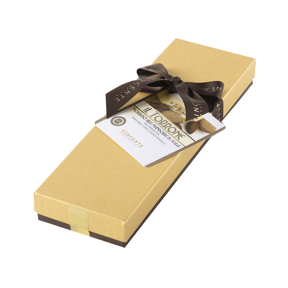 Vincente Delicacies - Torrone Morbido alla Mandorla Sicilia Ricoperto di Finissimo Cioccolato Bianco - Scatola Fiocco