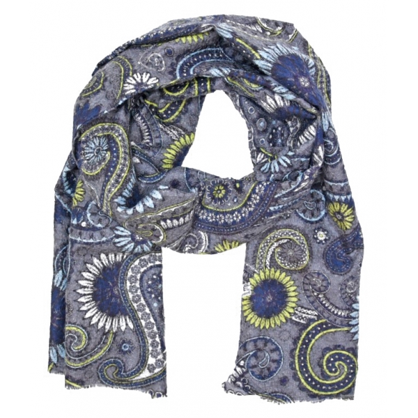 Fefè Napoli - Grey Flowers Dandy Silk Scarf - Scarves and Foulards - Handmade in Italy - Luxury Exclusive Collection