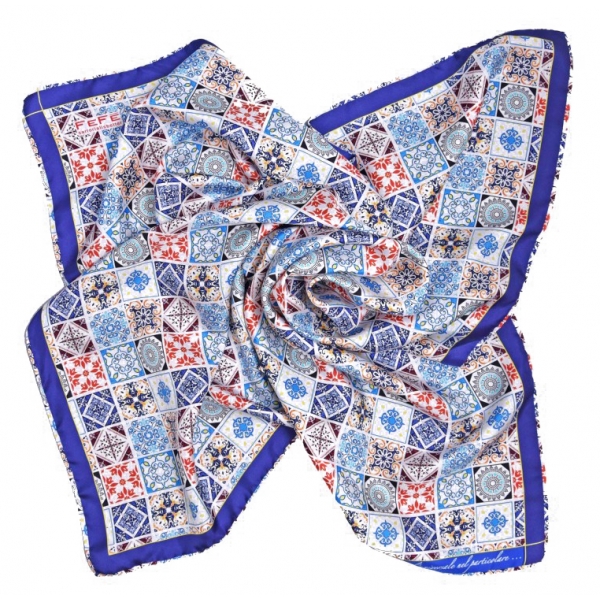 Fefè Napoli - Blue Azulejo Silk Foulard - Scarves and Foulards - Handmade in Italy - Luxury Exclusive Collection