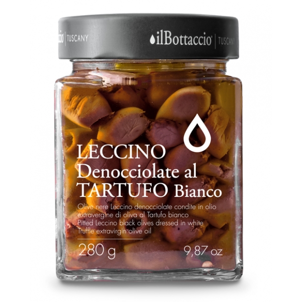 Il Bottaccio - Olive Nere Leccino Denocciolate al Tartufo Bianco in Olio Extravergine - Italiano - Alta Qualità - 280 gr