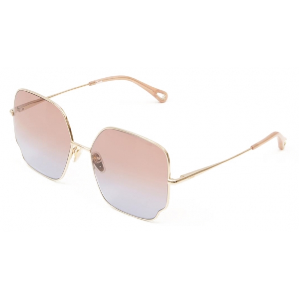 Chloé - Joni Square Sunglasses in Metal - Gold Coral Blue - Chloé Eyewear