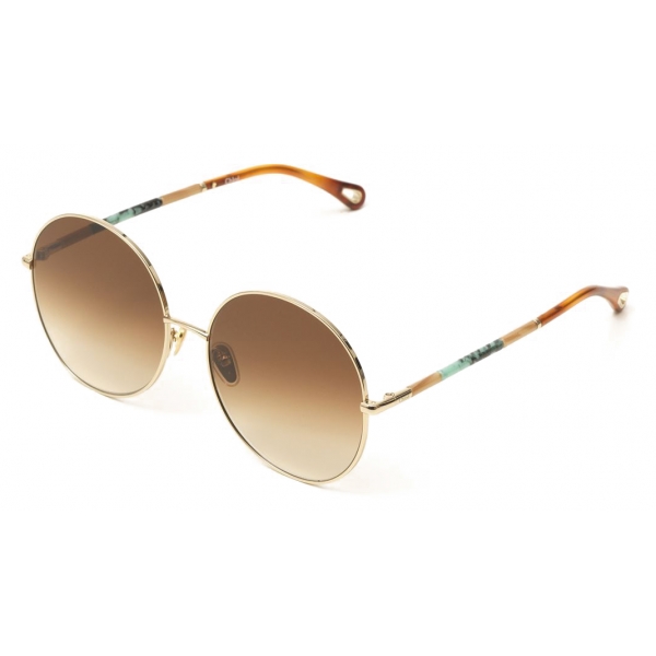 Chloé - Ulys Round Sunglasses in Metal & Bio-Based Material - Gold Brown Turquoise - Chloé Eyewear