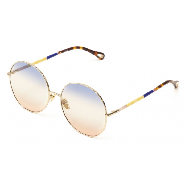 Chloé - Ulys Round Sunglasses in Metal & Bio-Based Material - Gold Blue Beige Red - Chloé Eyewear