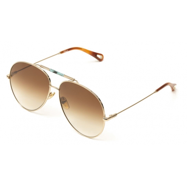 Chloé - Ulys Aviator Sunglasses for Women in Metal & Bio-Based Material - Gold Brown Turquoise - Chloé Eyewear