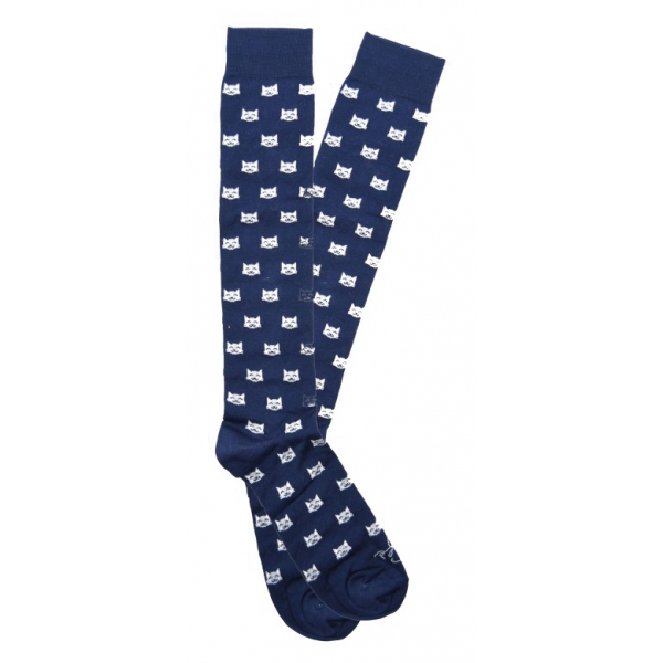 Fefè Napoli - Blue Cat Dandy Men's Socks - Socks - Handmade in Italy - Luxury Exclusive Collection