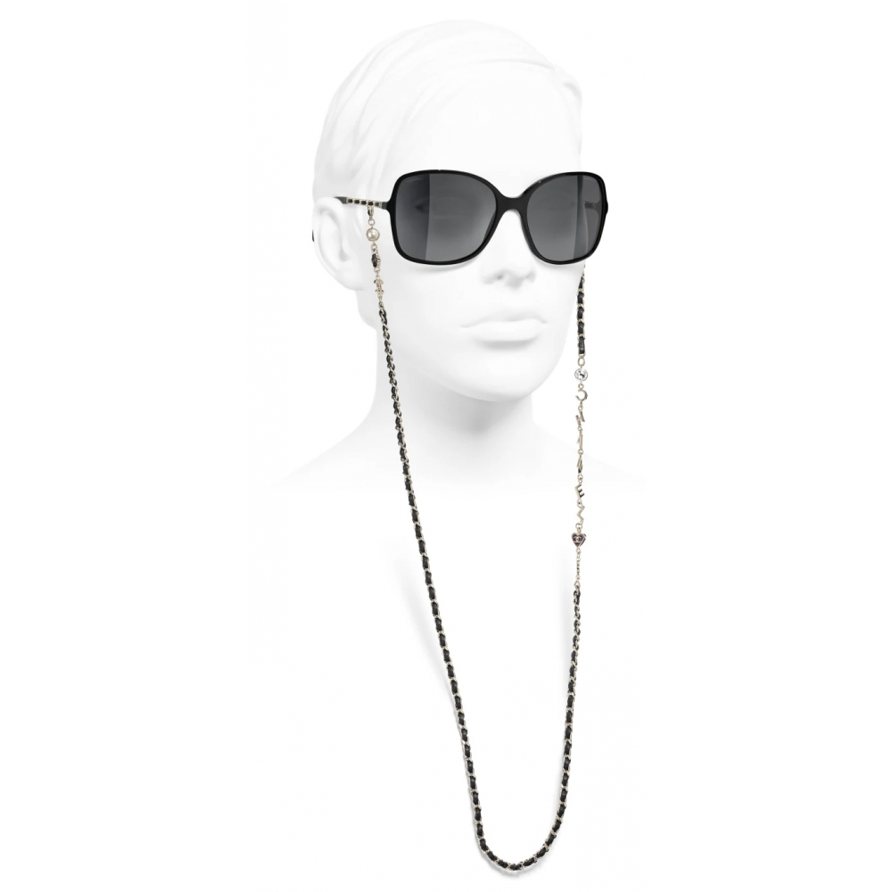 CHANEL Lambskin Square Chain Sunglasses 5210-Q Black 989100