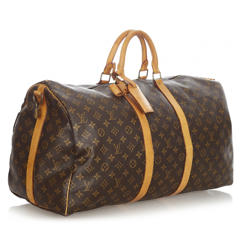 LEATHER Printed LOUIS VUITTON MONOGRAM KEEPALL BANDOULIERE DUFFLE BAG BROWN  RED