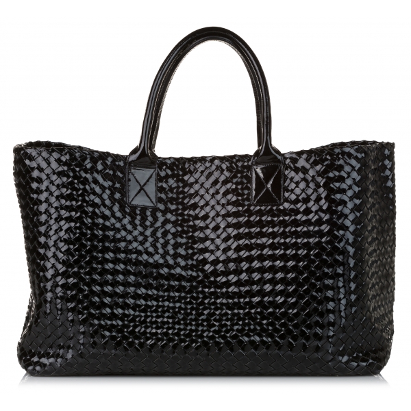 Bottega Veneta Vintage - Intrecciato Cabat Patent Leather Tote Bag - Black - Leather Handbag - Luxury High Quality