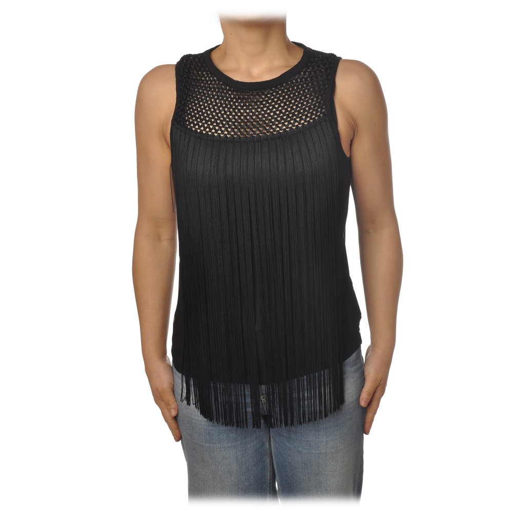 Patrizia Pepe Black Italy Top - in Top - Luxury Exclusive Collection - with - Fringes Made - - Avvenice
