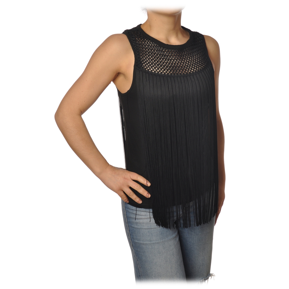 Patrizia Pepe - Top in Luxury Collection with - Fringes - Italy - Exclusive - Top Made - Black Avvenice