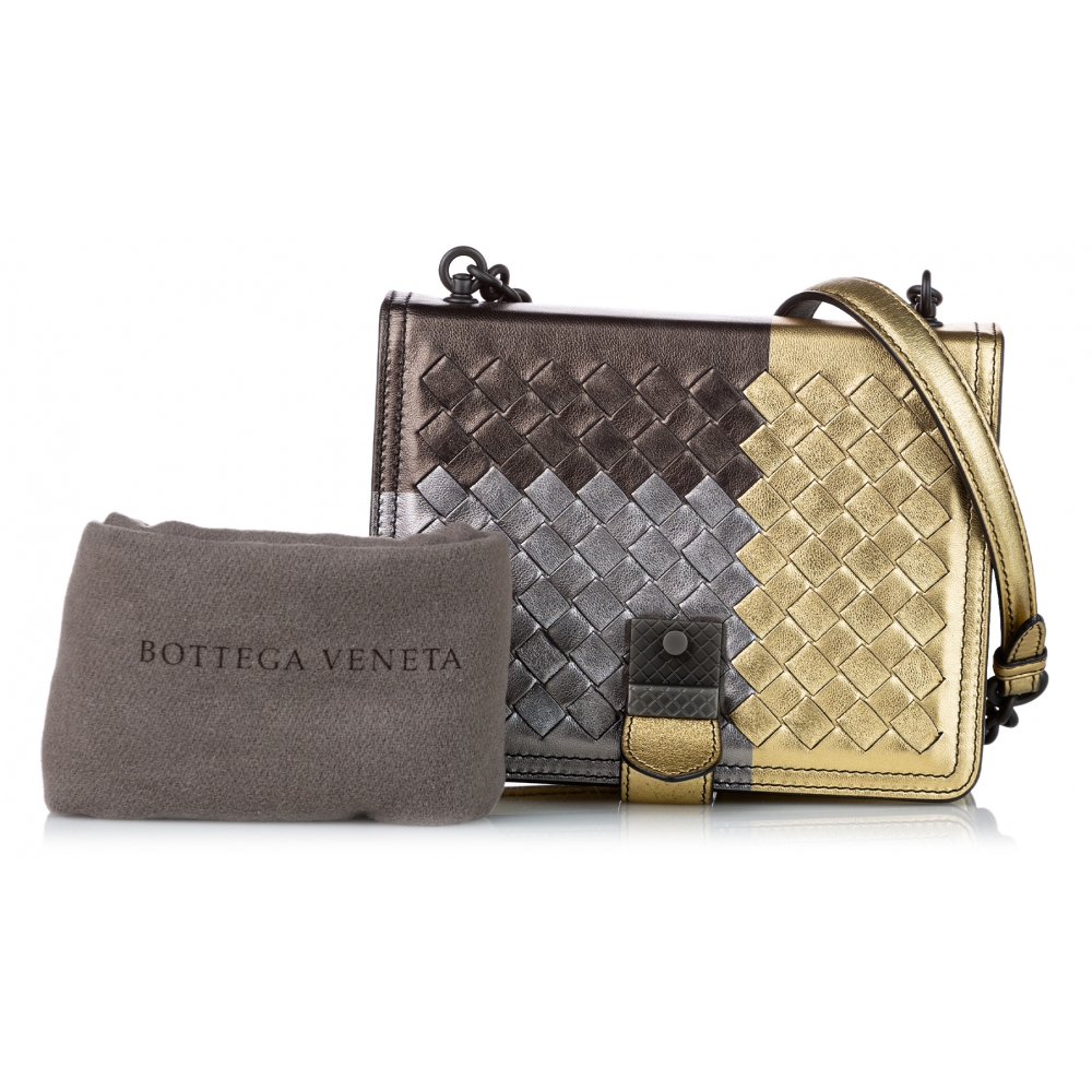 Bottega Veneta Leather Intrecciato Flap Pouch - Gold - One Size