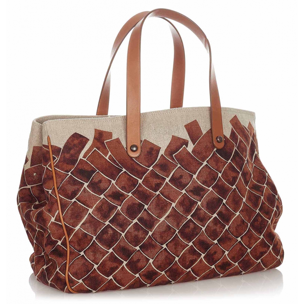 Bottega Veneta Vintage - Canvas Tote Bag - Brown - Leather Handbag