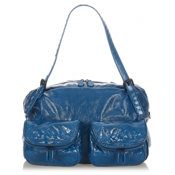 Bottega Veneta Vintage - Intrecciato Patent Leather Shoulder Bag - Blu - Borsa in Pelle - Alta Qualità Luxury