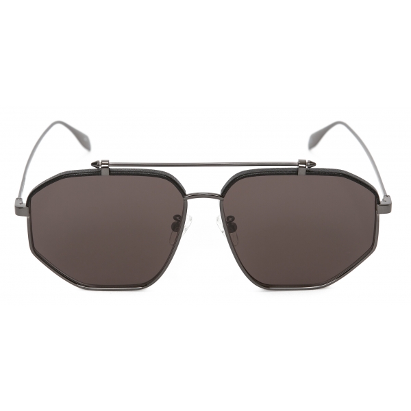 Alexander McQueen - Top Piercing Leather Sunglasses - Ruthenium - Alexander McQueen Eyewear