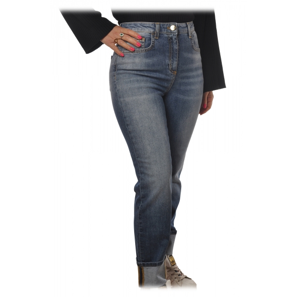 Elisabetta Franchi - Jeans Vita Alta con Risvolto - Blu - Pantaloni - Made in Italy - Luxury Exclusive Collection