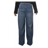 Elisabetta Franchi - High-Waisted Model in Washed Canvas - Blue - Trousers - Made in Italy - Luxury Exclusive Collection