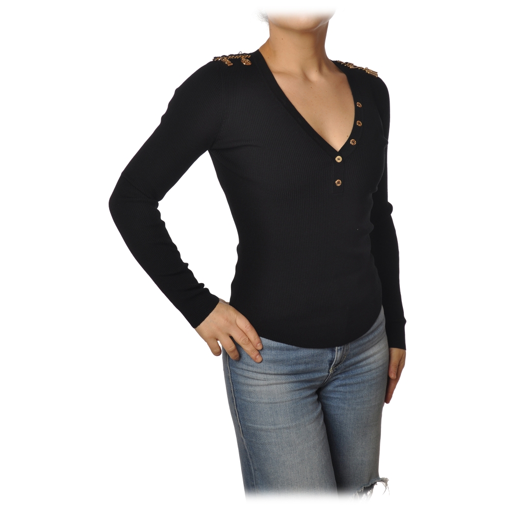 Elisabetta Franchi - Sweater with V-Neckline - Black - Pullover - Made ...
