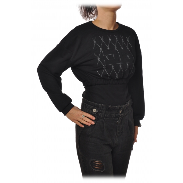 Elisabetta Franchi - Cropped Sweatshirt with Print - Black - Sweatshirt - Made in Italy - Luxury Exclusive Collection
