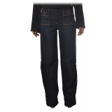 Elisabetta Franchi - High-Waisted Model in Non-Washed Canvas - Blue - Trousers - Made in Italy - Luxury Exclusive Collection