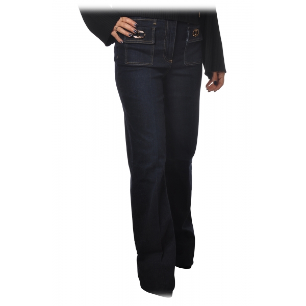 Elisabetta Franchi - High-Waisted Model in Non-Washed Canvas - Blue - Trousers - Made in Italy - Luxury Exclusive Collection