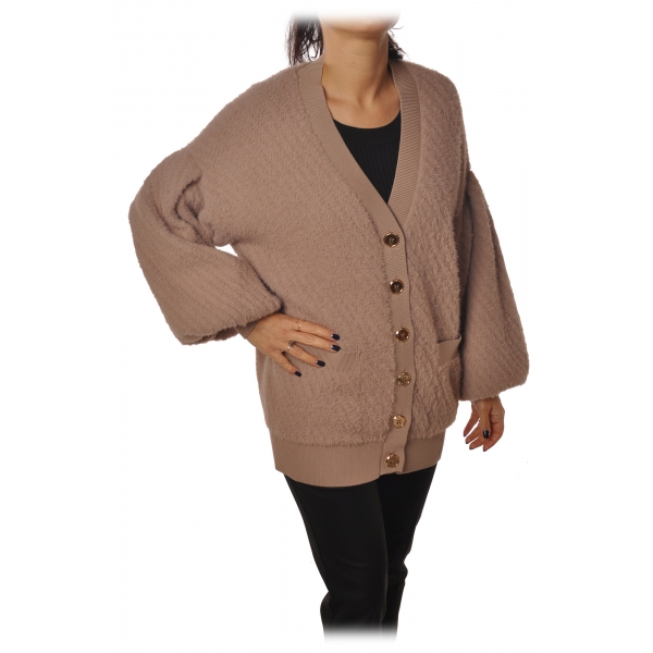 Elisabetta Franchi - V-Neck Cardigan with Closure  - Brown - Pullover - Made in Italy - Luxury Exclusive Collection