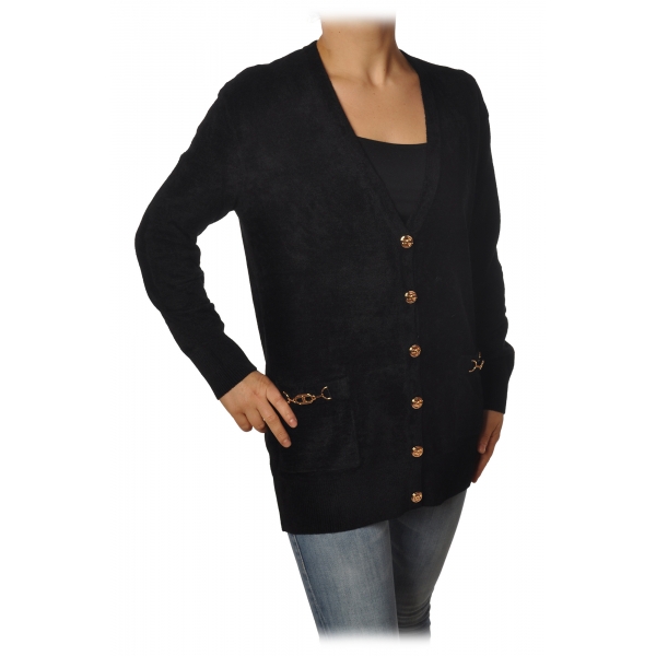 Elisabetta Franchi - V-Neck Cardigan with Closure  - Black - Pullover - Made in Italy - Luxury Exclusive Collection
