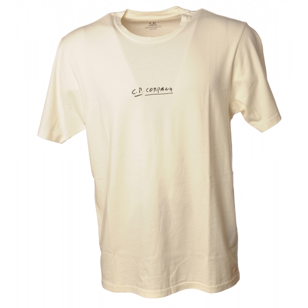 C.P. Company - T-Shirt in Cotone con Stampa - Crema - T-Shirt - Luxury Exclusive Collection