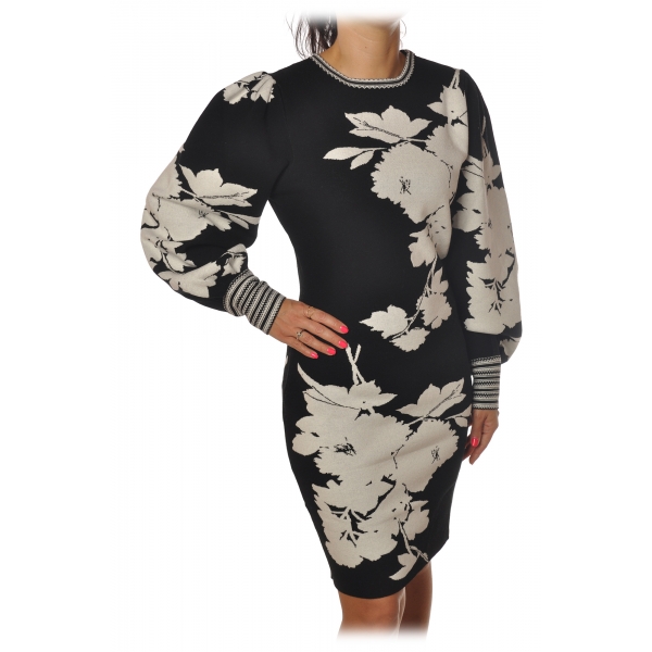 Twinset - Crew-neck Dress in Flower Pattern - Black/White - Dress - Made in Italy - Luxury Exclusive Collection