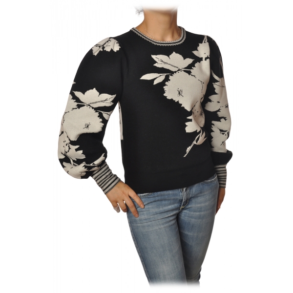 Twinset - Crewneck in Floral Pattern - Black/White - Knitwear - Made in Italy - Luxury Exclusive Collection