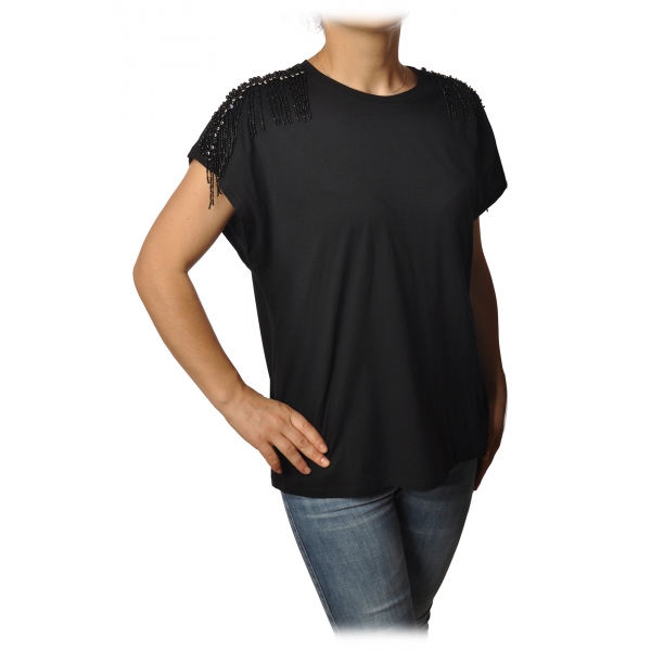 Twinset - T-shirt Con Perline su Spalle - Nero - T-shirt - Made in Italy - Luxury Exclusive Collection