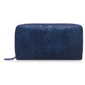 Ammoment - Razza in Glitter Blu Metallico - Portafoglio Zip Lunga in Pelle