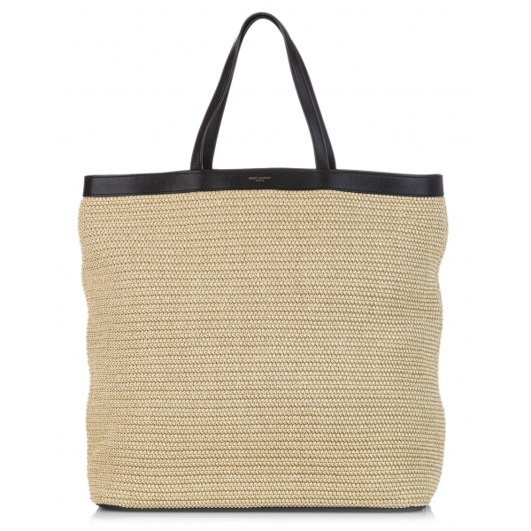 Yves Saint Laurent Vintage - Raffia Tote Bag - Nero Beige - Borsa in Pelle - Alta Qualità Luxury