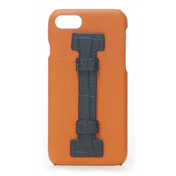 2 ME Style - Cover Fingers in Pelle Arancione / Croco Verde - iPhone 8 / 7 - Cover in Pelle di Coccodrillo