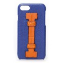 2 ME Style - Cover Fingers in Pelle Blu / Croco Arancione - iPhone 8 / 7 - Cover in Pelle di Coccodrillo
