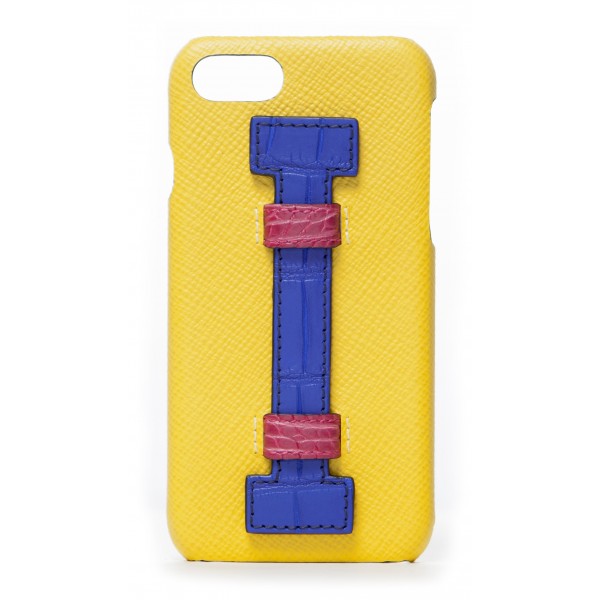 2 ME Style - Case Fingers Leather Yellow / Croco Orange - iPhone 8 Plus / 7 Plus - Crocodile Leather Cover