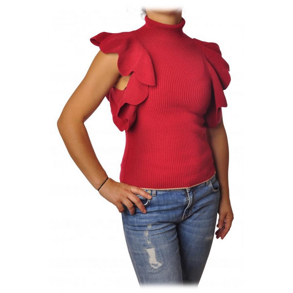 Elisabetta Franchi - Ribbed Top with Scallop - Red - Top - Made in Italy - Luxury Exclusive Collection