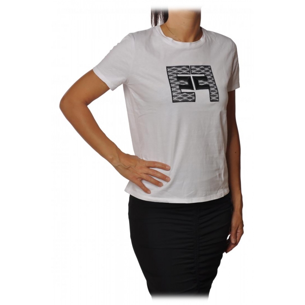 Elisabetta Franchi - T-Shirt with Embroidered Logo - White - T-Shirt - Made in Italy - Luxury Exclusive Collection