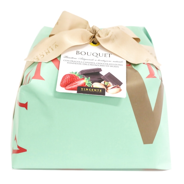 Vincente Delicacies - Panettone with Candied Strawberry - Extra Dark Chocolate - Pistachios - Bouquet - Hand Wrapped Artisan