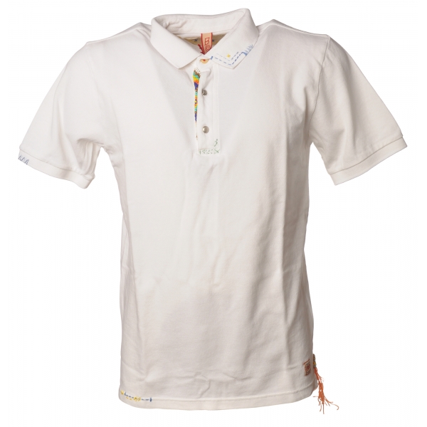 BoB Company - Short Sleeve Polo with Beads Insert - White - T-Shirt - Made in Italy - Luxury Exclusive Collection