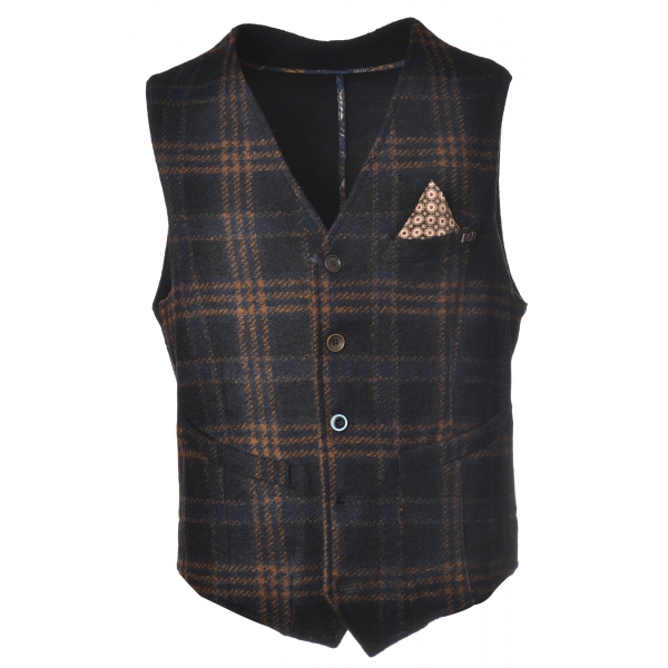 BoB Company - Gilet Monopetto Fantasia Check - Blu/Beige - Gilet - Made in Italy - Luxury Exclusive Collection