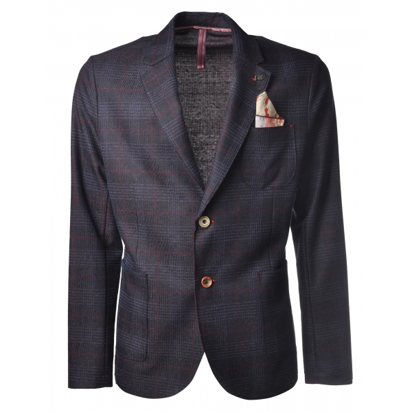 BoB Company - Single-Breasted Jacket in Check Pattern - Blue - Jacket - Made in Italy - Luxury Exclusive Collection