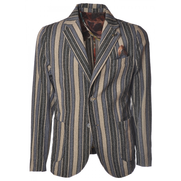 BoB Company - Single-Breasted Jacket in Pinstripe Pattern - Blue/Beige - Jacket - Made in Italy - Luxury Exclusive Collection