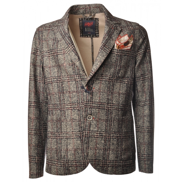 BoB Company - Single-Breasted Jacket in Check Pattern - Beige/Red - Jacket - Made in Italy - Luxury Exclusive Collection