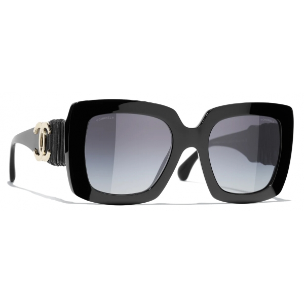 Chanel - Occhiali da Sole Quadrati - Nero Oro Grigio Sfumate - Chanel Eyewear