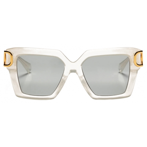 Valentino - Square Sunglasses in Acetate with VLogo - Transparent Ivory Silver - Valentino Eyewear