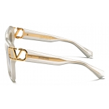 Valentino - Square Sunglasses in Acetate with VLogo - Transparent Ivory Silver - Valentino Eyewear