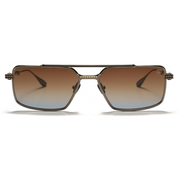 Valentino - Rectangular Sunglasses in Metal - Black Rhodium Brown Blue - Valentino Eyewear