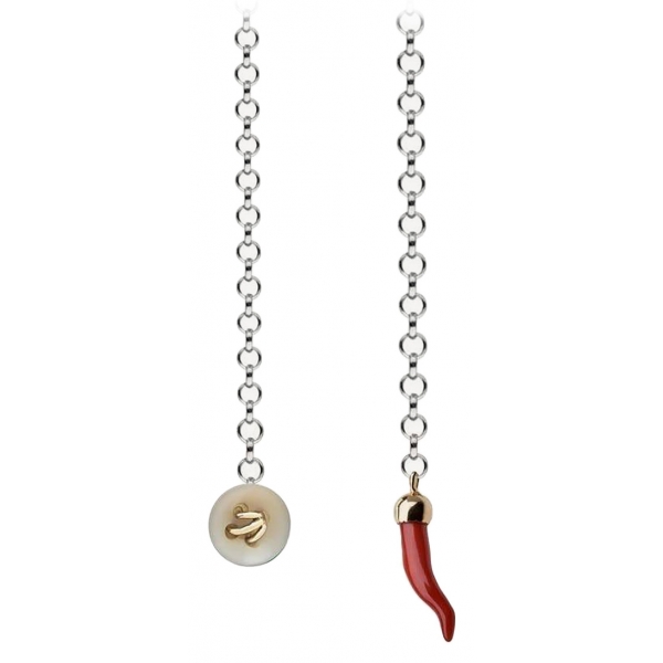 Viola Milano - Lapel Chain in 100% Sterling Silver - Button/Red Gold and Coral - Handmade in Italy - Luxury Exclusive Collection